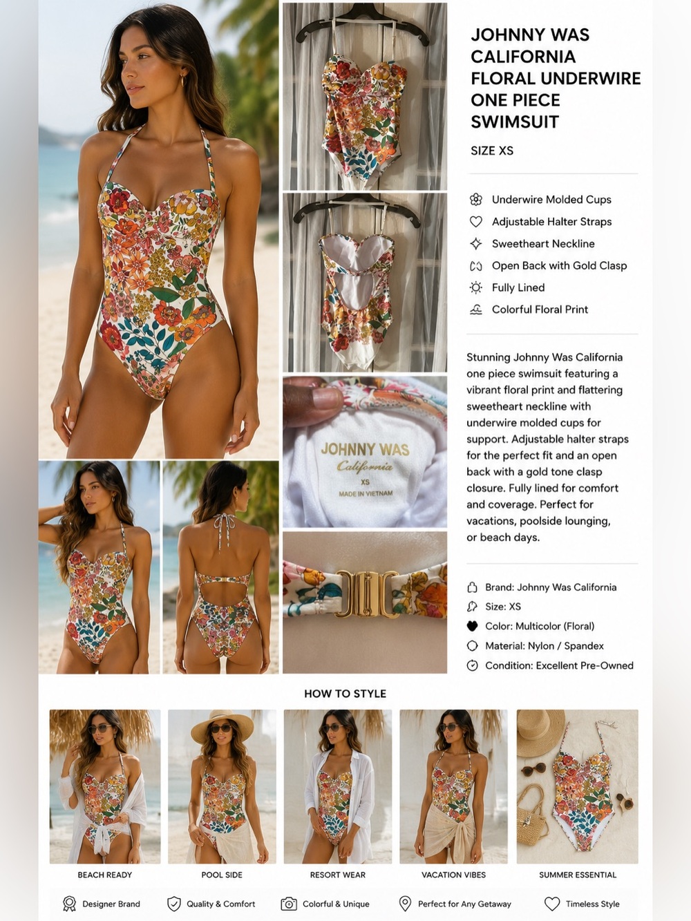 Johnny Was California Floral Underwire One Piece Swimsuit XS Open Back